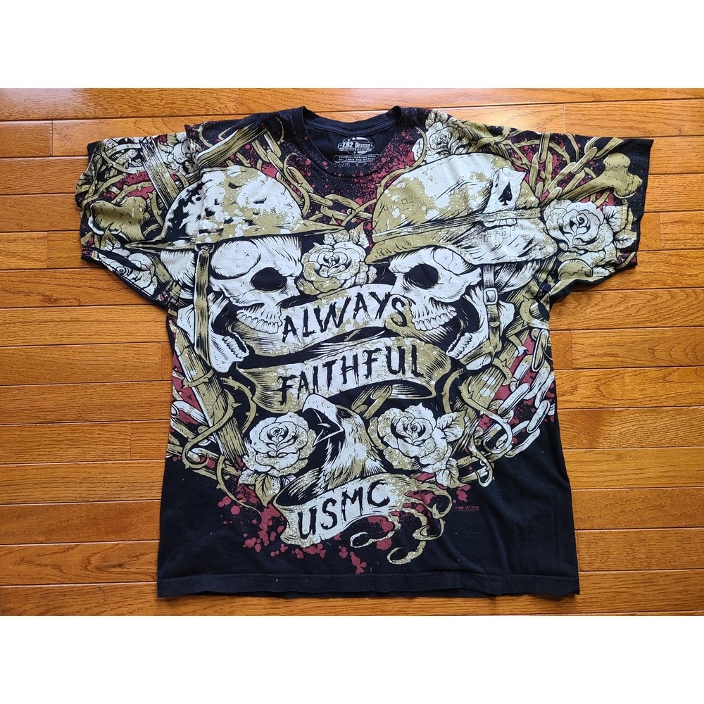 USMC US Marine Corps Always Faithful T-Shirt‎ -7.62 Design Sz XL Skulls Roses